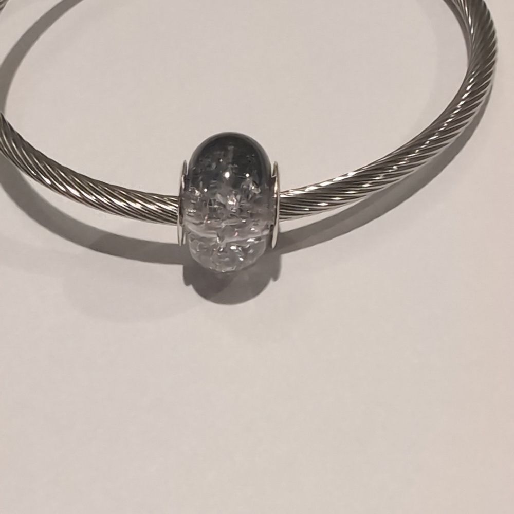 Silver Black and White "Crushed Glass"‎ Charm for Pandora Style Bracelet